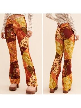 Urban Outfitters Gold Red Floral Velvet Ruched V-Front Flare Pants Artsy Boho 28